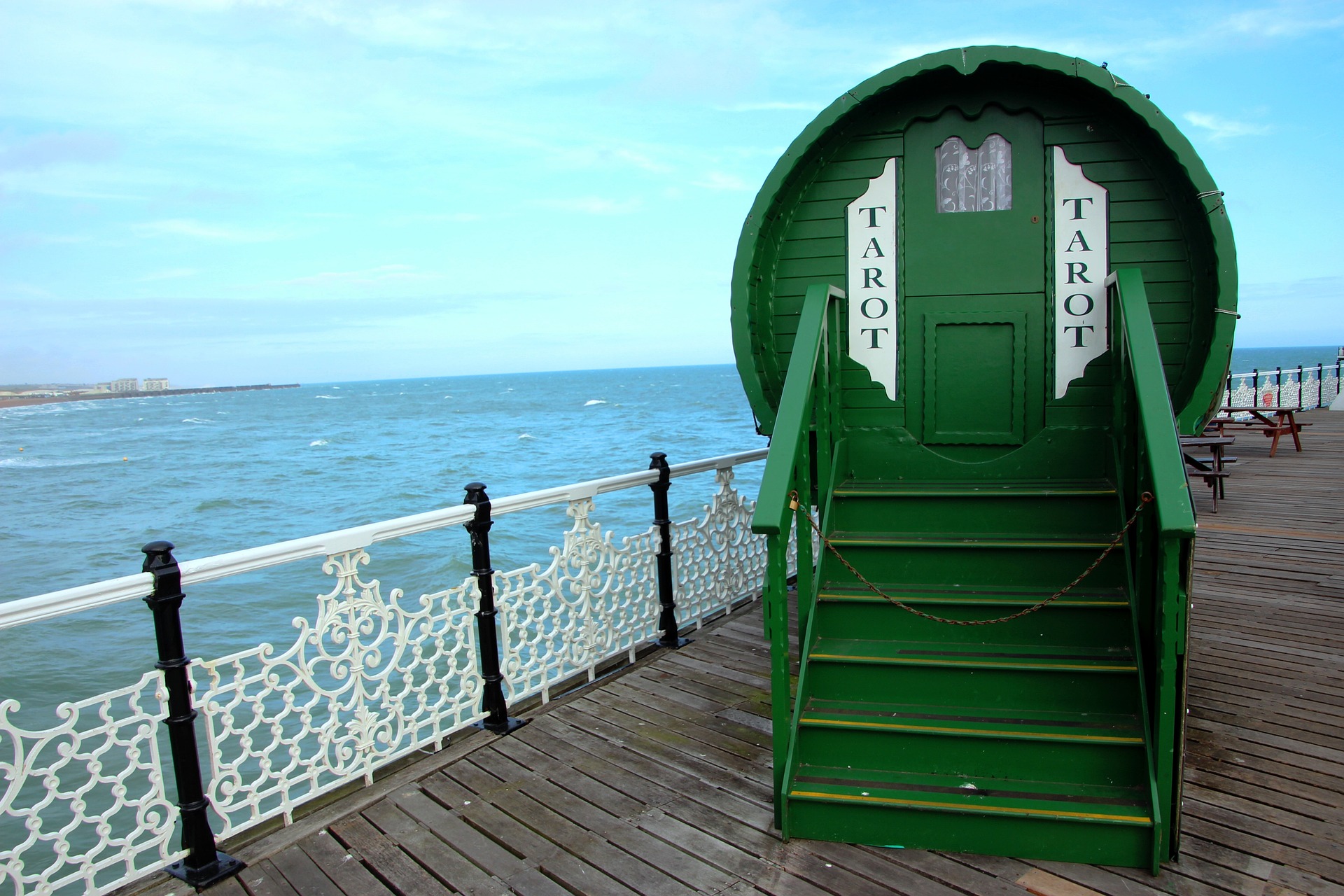 gypsy caravan on a pier by the sea